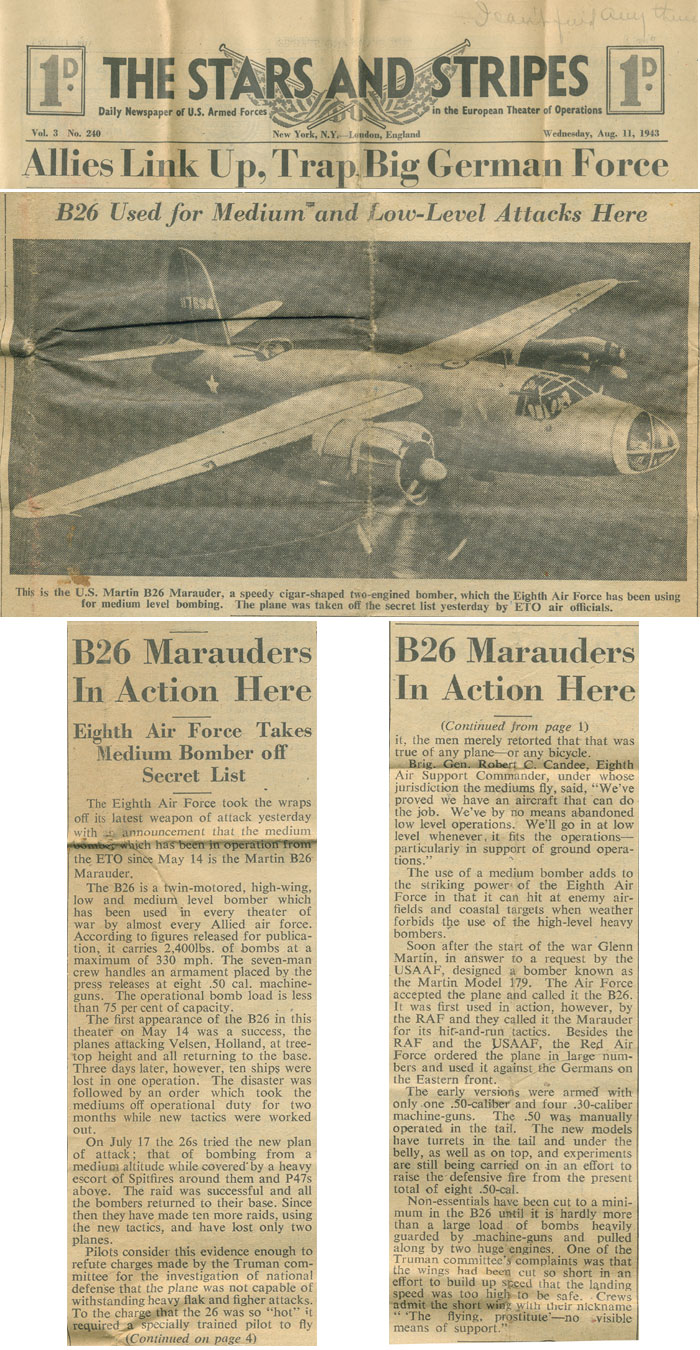 THE STARS AND STRIPES, Wednesday, August 11, 1943, B26 Used for Medium and Low-Level Attacks Here