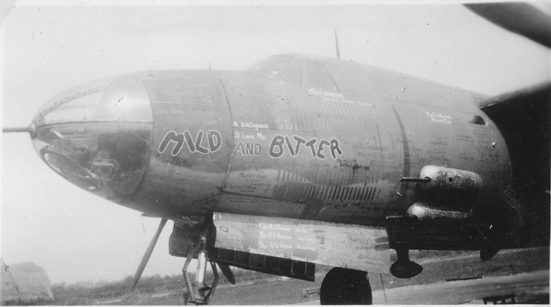 A picture of B-26 Marauder "Mild and Bitter" with signatures and autographs of ground crews and air crews.