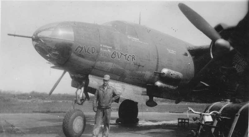 The crew chief with a Martin B-26 Marauder named "Mild and Bitter"
