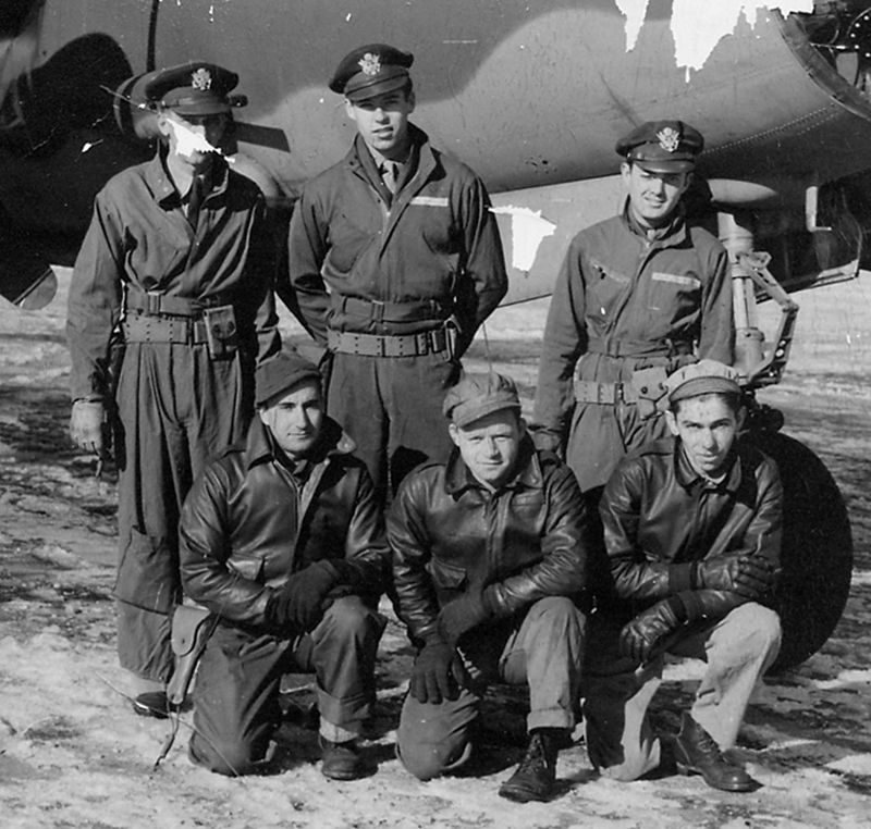 Pilot Capt. John A. Dolan; Co-Pilot Lt. Lance; Navigator Lt. Barker. Front Row: Engineer S/Sgt Albert H. Kahler; Gunner Sgt. Donald W. Short; Radio Tech Sgt. Frank Drapola.