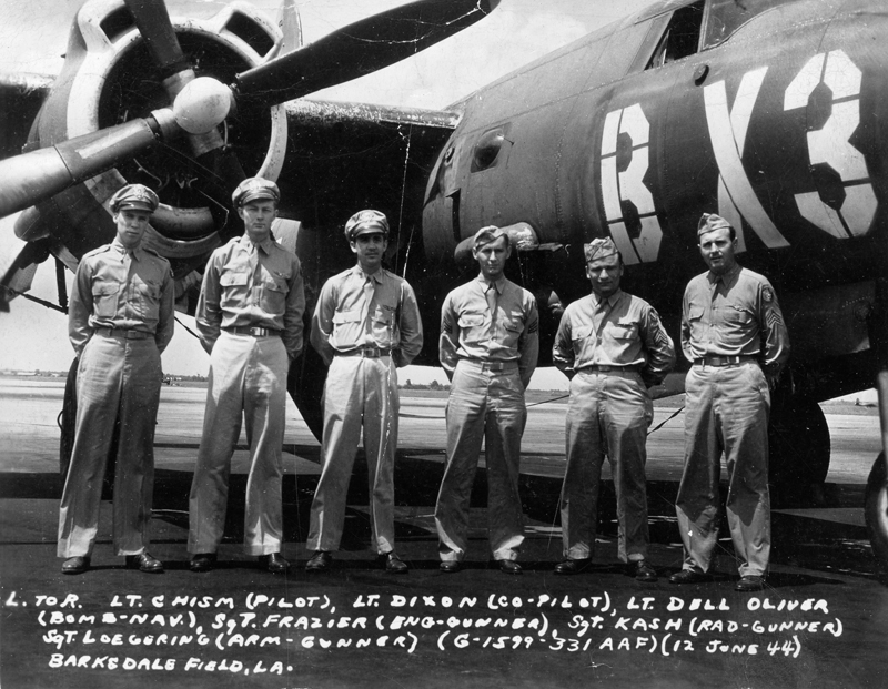 Left to right: Lt. Chism (Pilot), Lt. [Wilbur?] Dixon (Co-Pilot), Lt. Dell Oliver (Bob-Nav), Sgt. Richard Frederick Frazier (Eng-Gunner), Sgt. Jerome Kash (Rad-Gunner), Sgt. Weston A. Loegering (Arm-Gunner) - (G-1599-331 AAF) (12 June 44) Barksdale Field, LA.