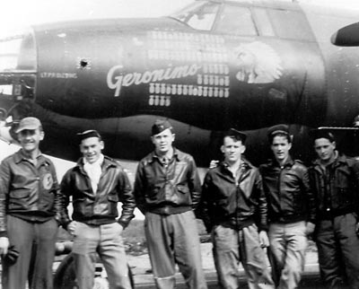 552th BS, 386th BG, "Geronimo" 131630 RG-J, This aircraft was assigned to the Captain Ralph W. Marble crew. From left: H.L. Andrews, Bombardier; Ralph W. Marble, Pilot; J.G. Allen, Co-Pilot; Emmett Bilyue, Engineer/Gunner; Timothy Murphy, Radio/Gunner; and Peter Sillippini, Tail Gunner. 