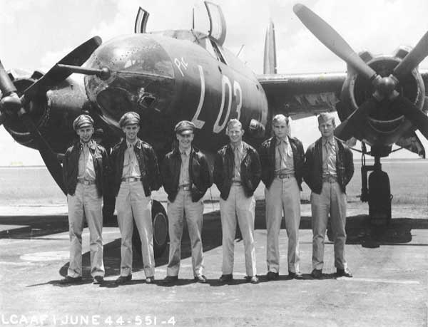 Left to Right: 1st Lt. Clarence E. Mickelson, Pilot (Penbine, Wisconsin);  2nd Lt.
Kenneth R. Messel, Co-Pilot (Bagsdale, Indiana); 2nd Lt. Ward C. Smidl, Bomb/Nav (Oak Park, Illinois);
S/Sgt. Eugene E. Weibking, Gunner (Thebes, Illinois); S/Sgt. Jay S. Troup, Gunner (Hegins, Pennsylvania);
S/Sgt. Robert D. Buckley, Gunner (Ogden, Iowa).