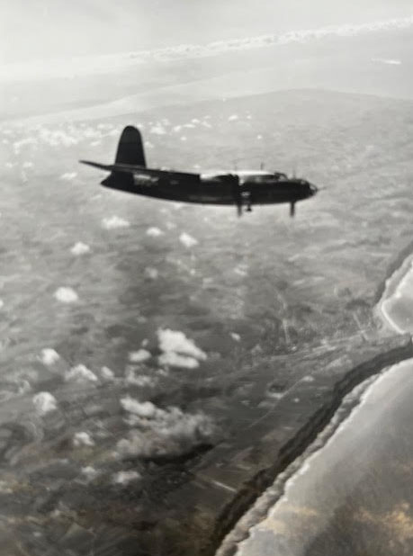 Frank A. Osetek on a mission over the coast and English Channel, 386 Bomb Group, 555 Bomb Squadron