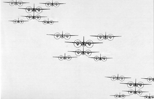 This is the relative position of a box of 18 aircraft. This elevation difference would prevent accidents between flights during turns. Each box of 18 aircraft would fly high and/or low on the other box for the same safety reasons.