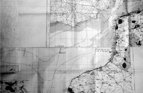 This flak map, of the French coastline and limited interior area, reflects the more permanent installation that we tried to avoid, or that we had to penetrate on the missions. Crew members on debriefing after each mission would continue to verify these, as well as identifying other enemy defenses.
