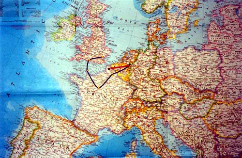 This shows our route from Chipping Ongar to Stony Cross in July of '44; to A-15 Cherbourg in Aug. 1944; to Chateaudun in September 1944; to A-71 in November, 1944; to Beek, Holland in late April, 1945; and back to France (Amiens area) in late May, 1945.